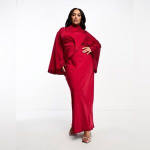 ASOS satin wrap maxi dress with drape bodice/kimono sleeve in deep red - US 12